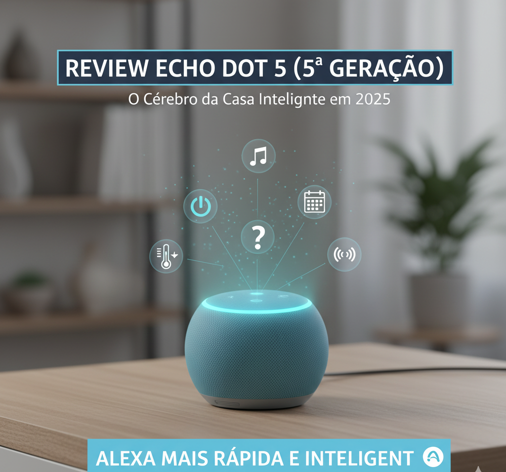 Review Amazon Echo Dot 5ª Geração, um smart speaker azul sobre uma mesa de madeira, emitindo ícones holográficos de música, temperatura, agenda e conectividade, representando a Alexa como o cérebro da casa inteligente.