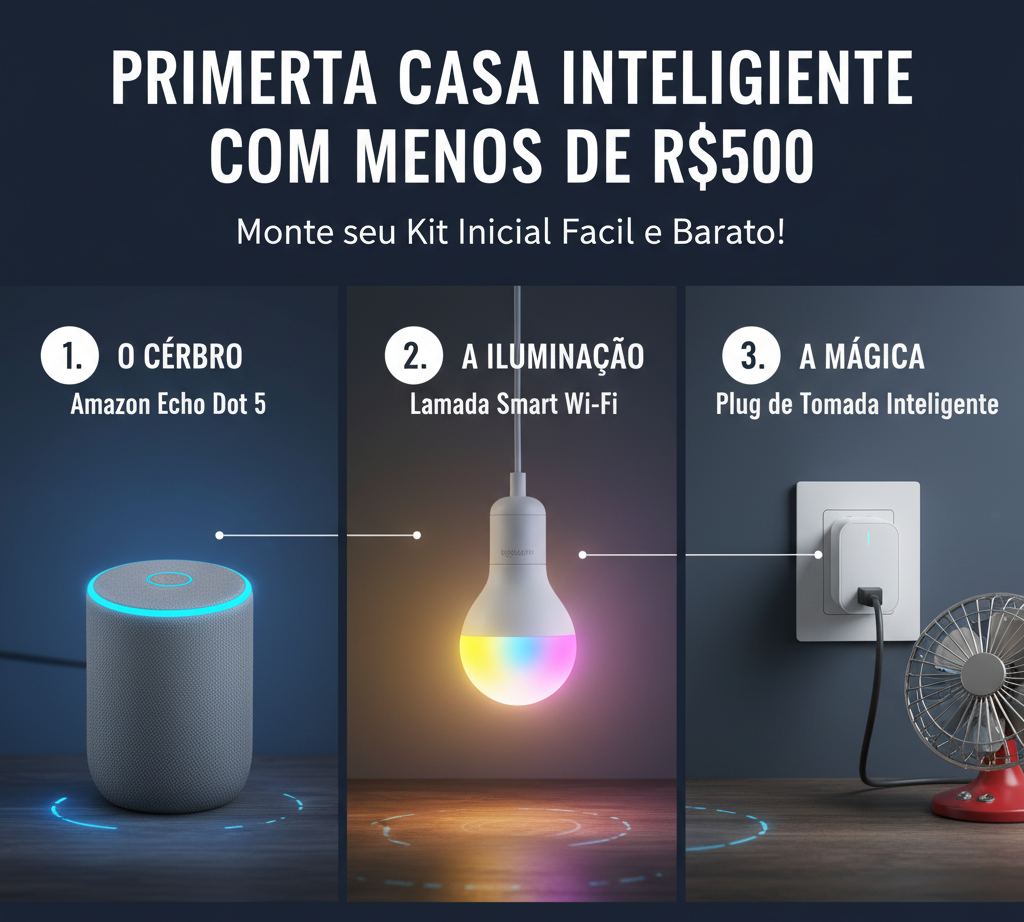 Kit inicial de casa inteligente com menos de R$500, mostrando um Amazon Echo Dot 5 (O Cérebro), uma Lâmpada Smart Wi-Fi colorida (A Iluminação) e um Plug de Tomada Inteligente com um ventilador (A Mágica)