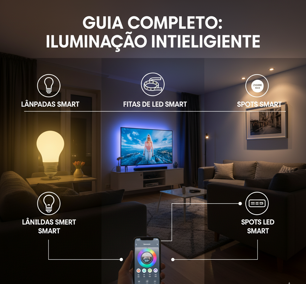 Guia Completo de Iluminação Inteligente, mostrando Lâmpadas Smart, Fitas de LED Smart e Spots Smart em uma sala de estar moderna, controlados por um smartphone exibindo um seletor de cores.