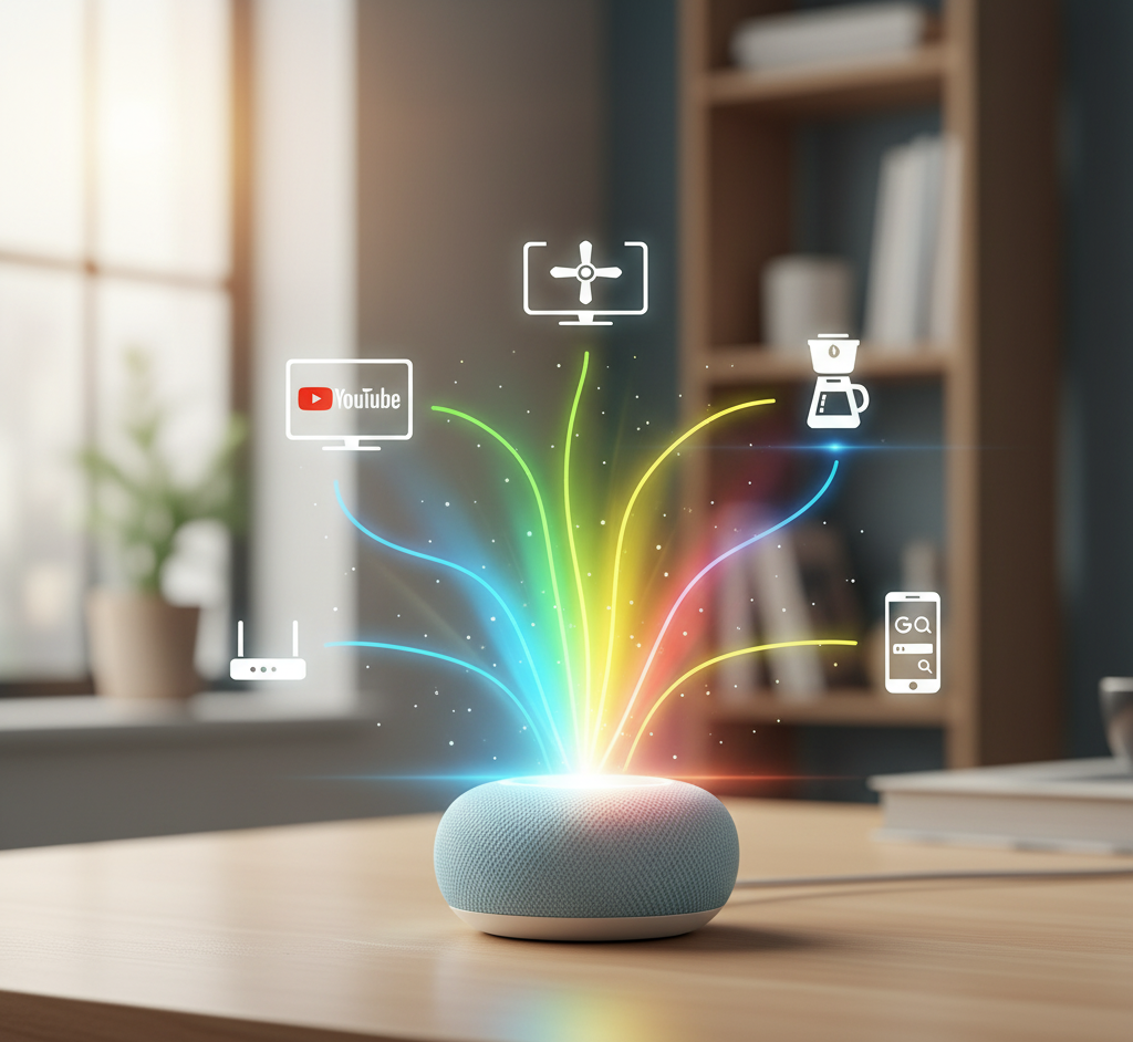 Google Nest Mini azul, emitindo luzes coloridas conectando-se a ícones de YouTube, TV, cafeteira, roteador e smartphone, sobre uma mesa de madeira.