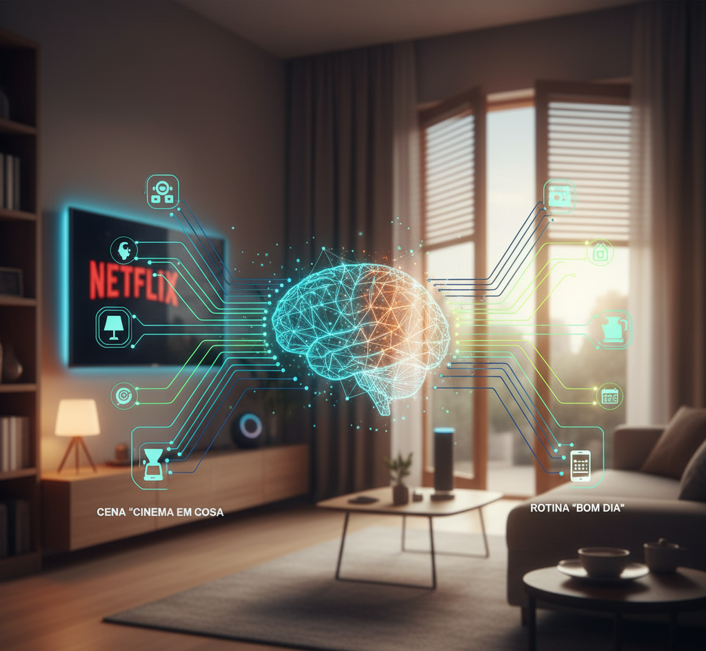 Cérebro digital conectado a uma TV com Netflix e ícones de iluminação (Cena 'Cinema em Casa') e a um ambiente de sala de estar com ícones de cafeteira, luzes e despertador (Rotina 'Bom Dia'), representando a automação de casa inteligente.