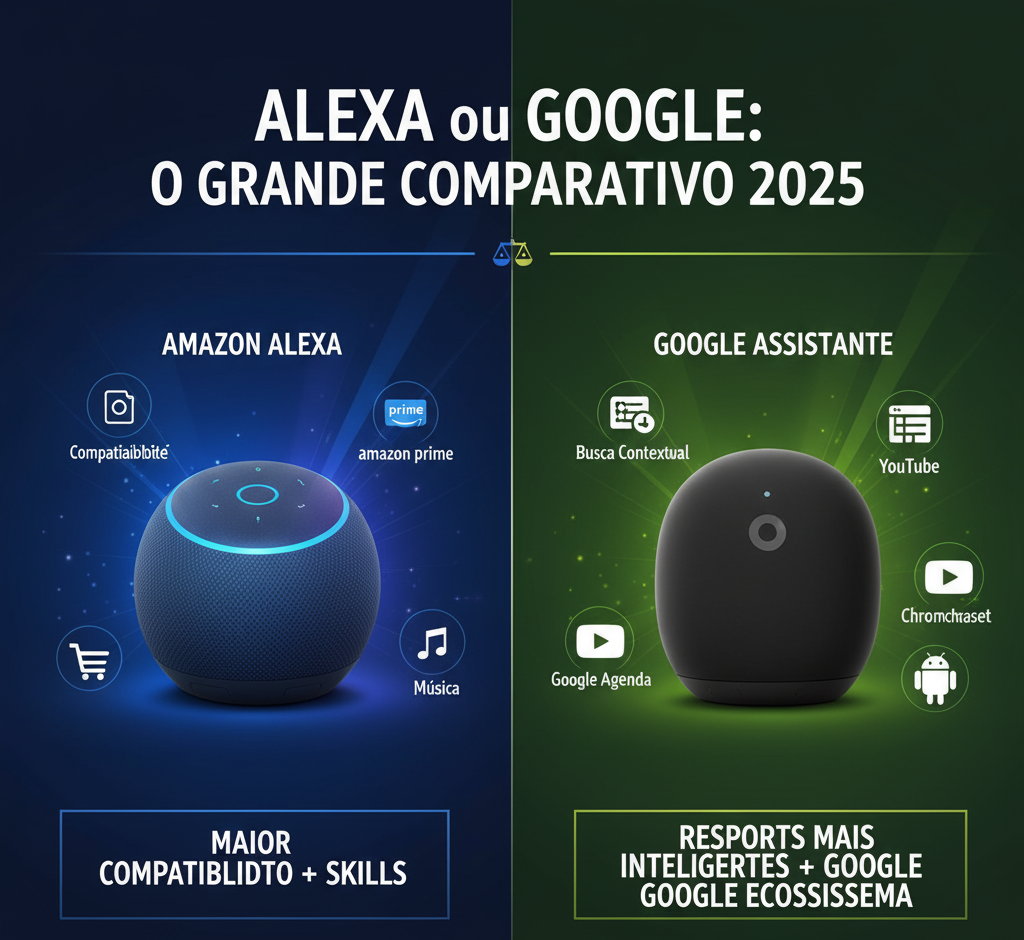 Comparativo entre Amazon Alexa (Echo Dot azul) e Google Assistente (Nest Mini preto), mostrando os principais recursos e ecossistemas de cada um, como compatibilidade, Amazon Prime, música para Alexa, e busca contextual, YouTube, Chromecast, Google Agenda e Android para Google Assistente.