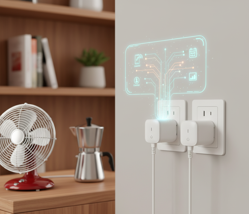 Duas tomadas inteligentes brancas conectadas à parede, com uma interface holográfica mostrando funcionalidades como agendamento e controle, enquanto um ventilador e uma cafeteira comuns aparecem desfocados ao fundo, simbolizando a transformação para casa inteligente.