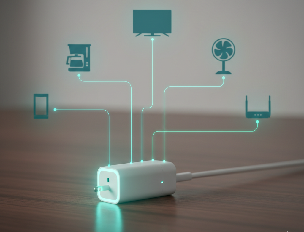 Plug inteligente branco sobre madeira, conectando-se digitalmente a ícones de cafeteira, TV, ventilador e roteador, representando automação residencial.