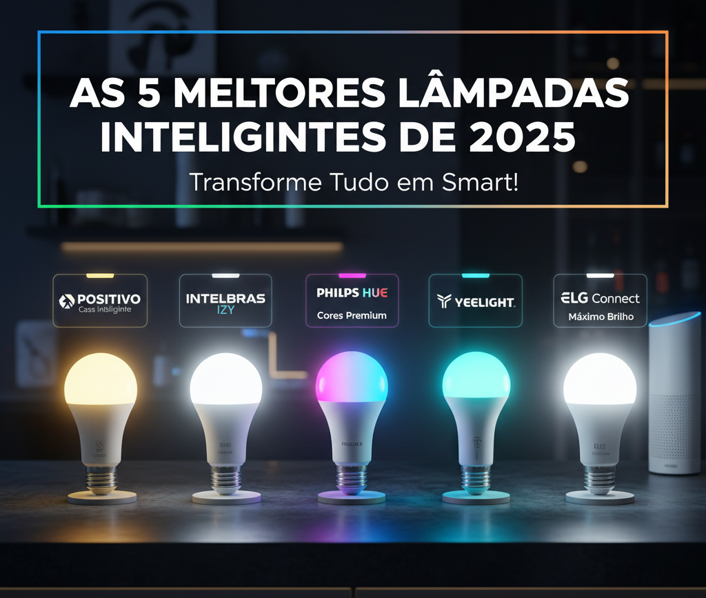 As 5 Melhores Lâmpadas Inteligentes de 2025, incluindo modelos da Positivo Casa Inteligente, Intelbras IZY, Philips Hue, Yeelight e ELG Connect, exibindo diferentes temperaturas de cor e brilho para casa smart.