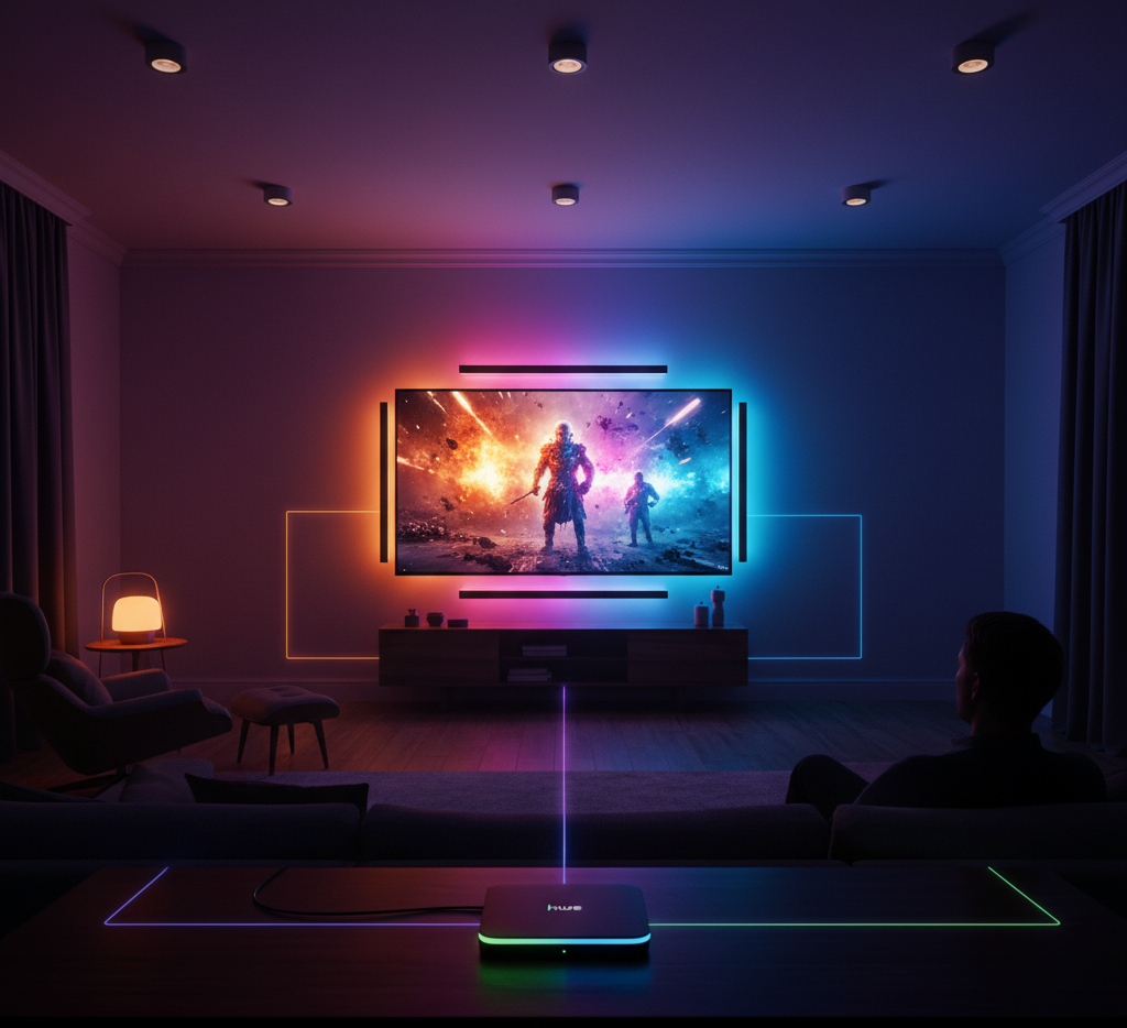 Sala de estar com iluminação Philips Hue sincronizada com uma TV exibindo um jogo de ação, criando uma atmosfera imersiva com cores vibrantes que se estendem pela parede. Um console Hue Sync Box está em primeiro plano, conectado à experiência.