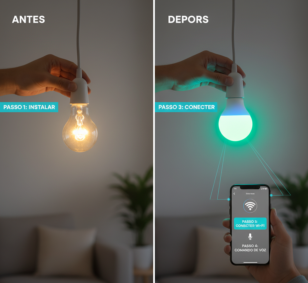 Imagem dividida 'Antes e Depois' mostrando a instalação de uma lâmpada inteligente. À esquerda, uma mão rosqueando uma lâmpada incandescente comum. À direita, a mesma mão segurando uma lâmpada inteligente acesa em verde, com um smartphone conectando-a via Wi-Fi e controle de voz.